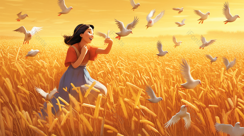 公主女孩嬉戏追逐鸟群芒种秋分秋季稻田麦田麦穗丰收秋收金色插画,插画/手绘图,插画/手绘图库,插画/手绘图下载,插画/手绘